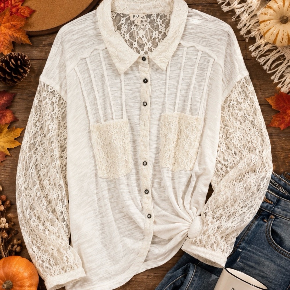POL Cream Lace-Panel Button-Down Shirt